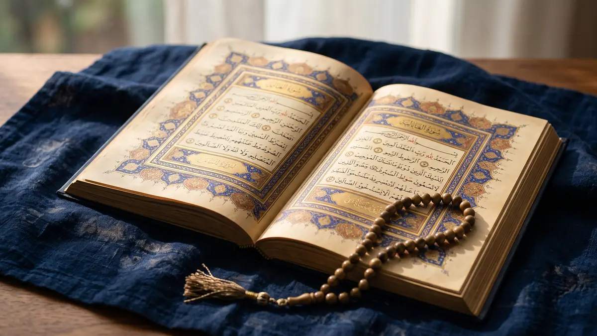Fatiha sayfasında açık Kur'an ve kenarında duran tespih