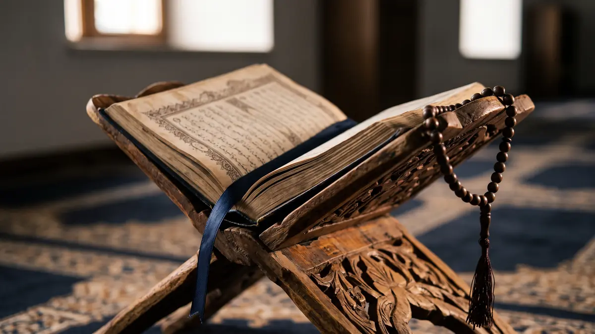 Oymalı rahle üzerinde lacivert ayraçlı açık dua kitabı ve tespih
