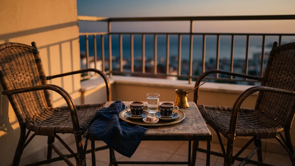 Gün batımında balkon masasında karşılıklı iki Türk kahvesi ve iki sandalye
