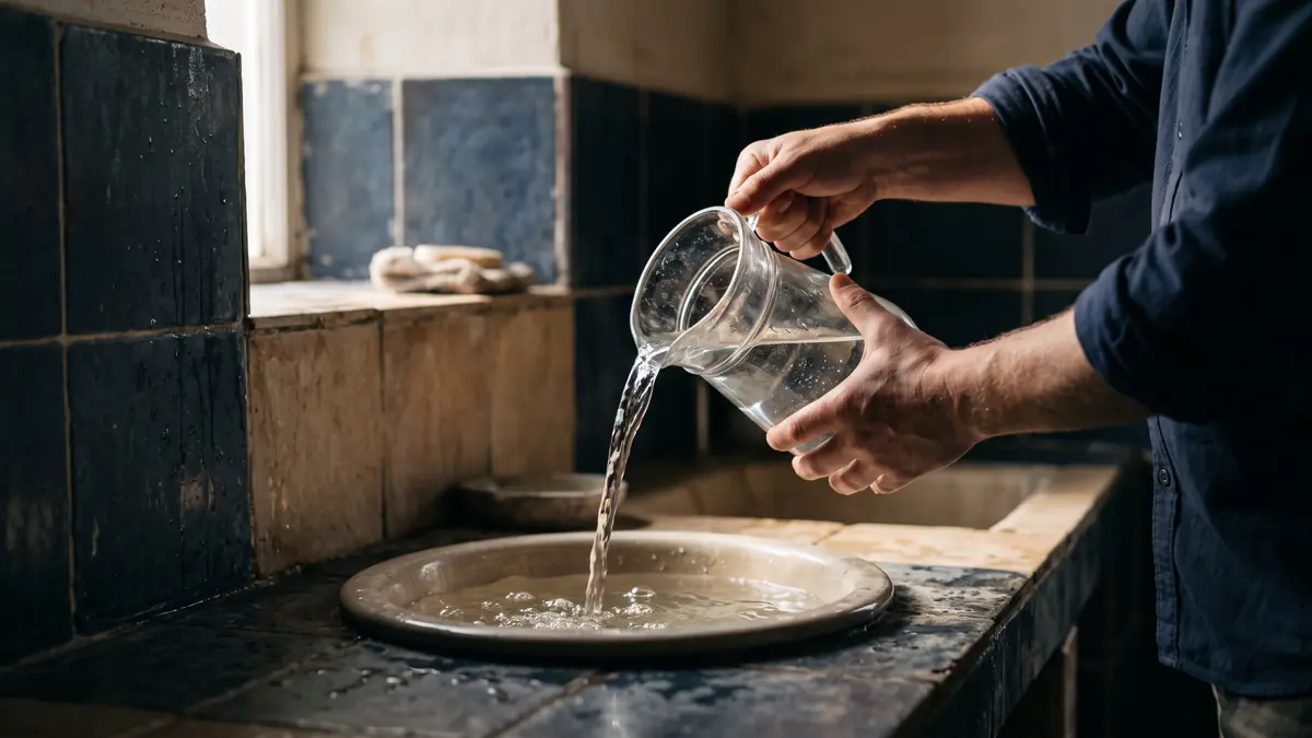 Fayanslı bir odada sürahiden leğene su döken eller