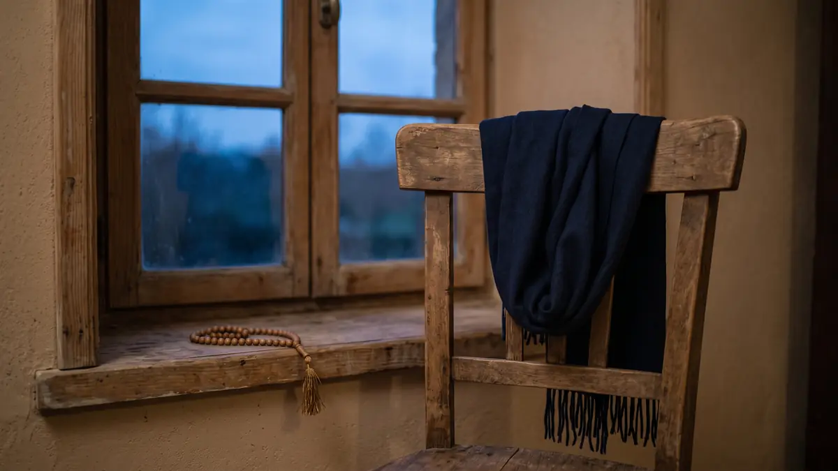 Pencere önündeki boş sandalyede duran lacivert atkı ve pencere pervazındaki tespih