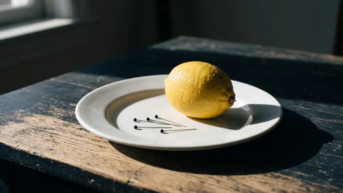 Beyaz tabakta bir limon ve yanında birkaç siyah toplu iğne