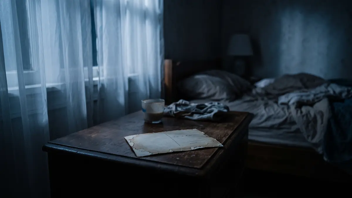 Gece ay ışığı vuran yatak odasında komodinde ters duran eski bir fotoğraf