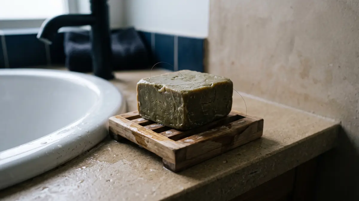 Lavabo yanında ahşap sabunlukta zeytinyağlı sabun